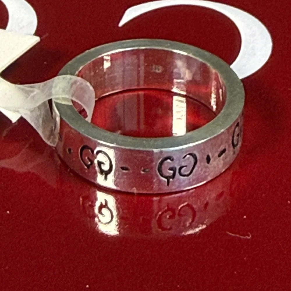 Gucci Ghost Ring Sterling Silver 6mm GG Skull Graffiti Band 477339 Size 16 IT